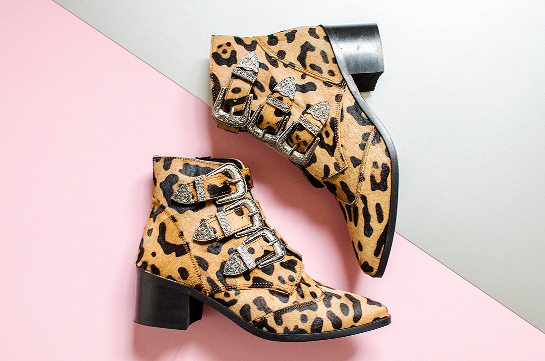 ASOS leopard boots met buckles