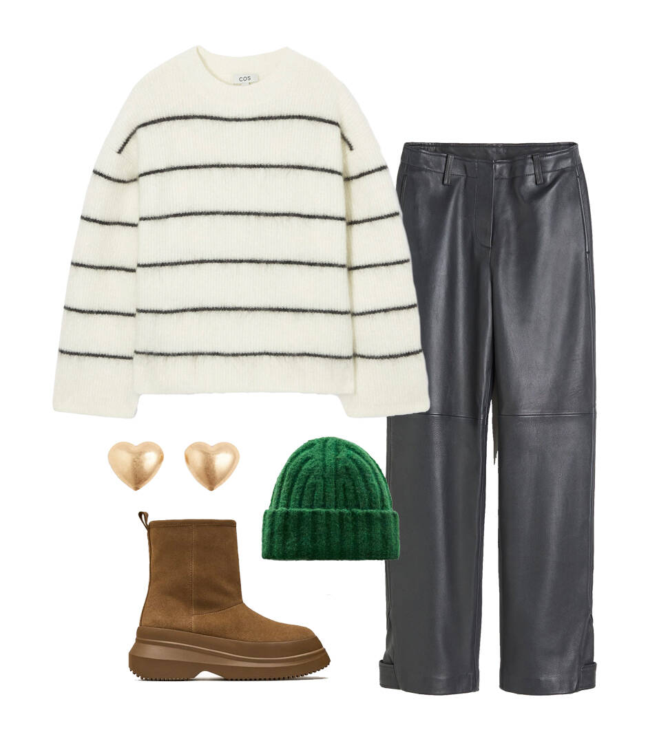 Winter outfit met leren broek en gestreepte trui